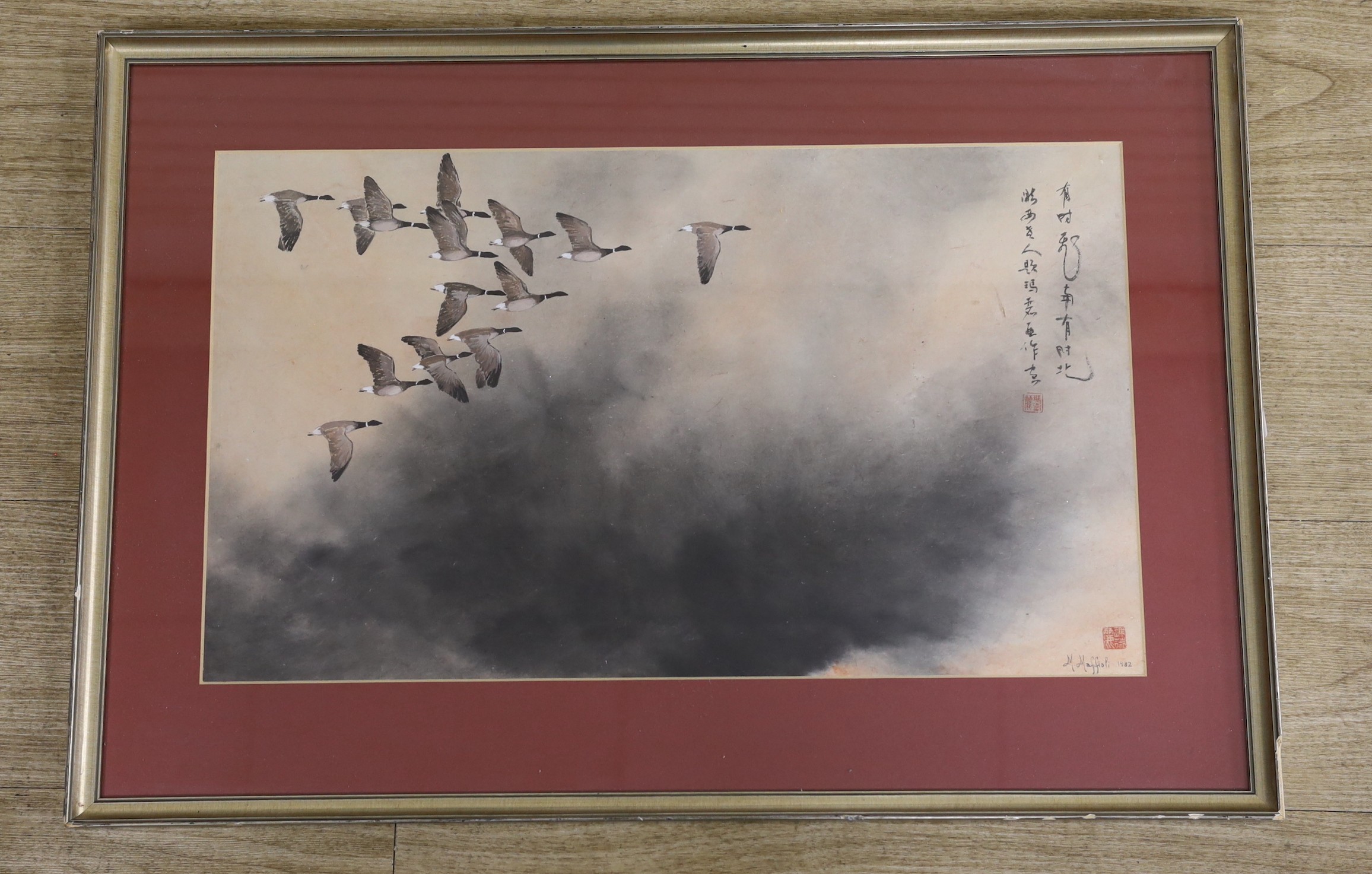 M.Maffioli, gouache, Flying geese in the Chinese style, signed and dated 1982, 34 x 58cm